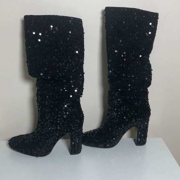 NEW knee high black sequins block heel boots - Picture 5 of 5